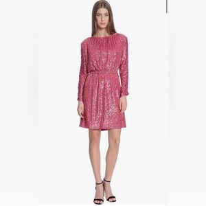NWT Donna Morgan Ruched Long Sleeve Sequin Mini Dress Womens 6 Fandango Pink
